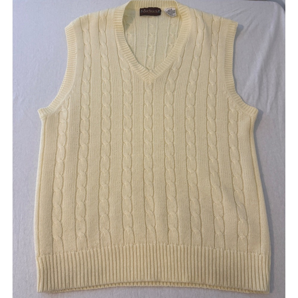 Bachrach Cable Knit Sweater Vest Mens XL Cream Yellow V-Neck Acrylic Sleeveless